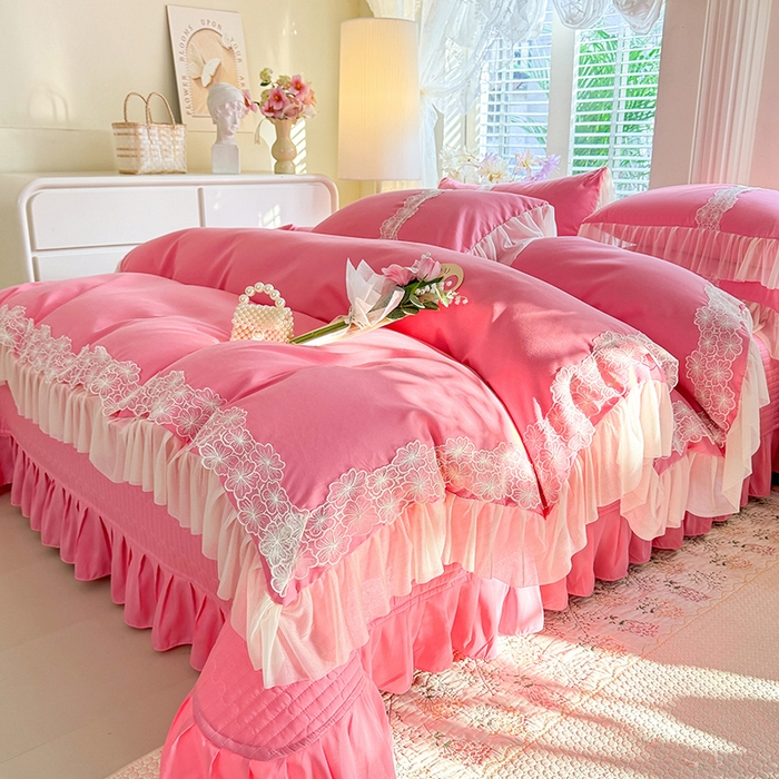 91家纺网 家纺一手货源 找家纺 唐人居 2026新款水洗棉花边床盖四件套-花影系列 花影-玫红