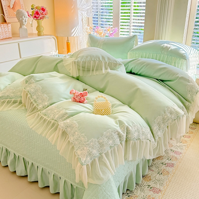 91家纺网 家纺一手货源 找家纺 唐人居 2026新款水洗棉花边床盖四件套-花影系列 花影-苹果绿