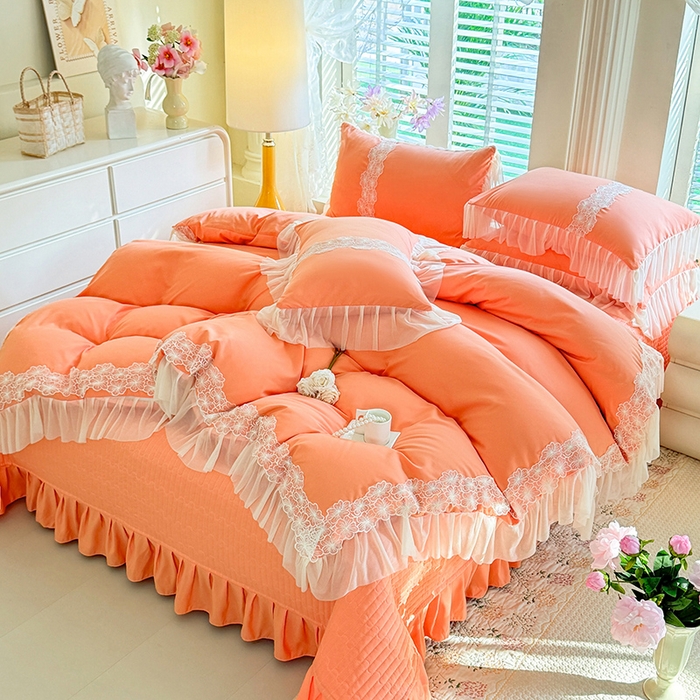 91家纺网 家纺一手货源 找家纺 唐人居 2026新款水洗棉花边床盖四件套-花影系列 花影-暖橘