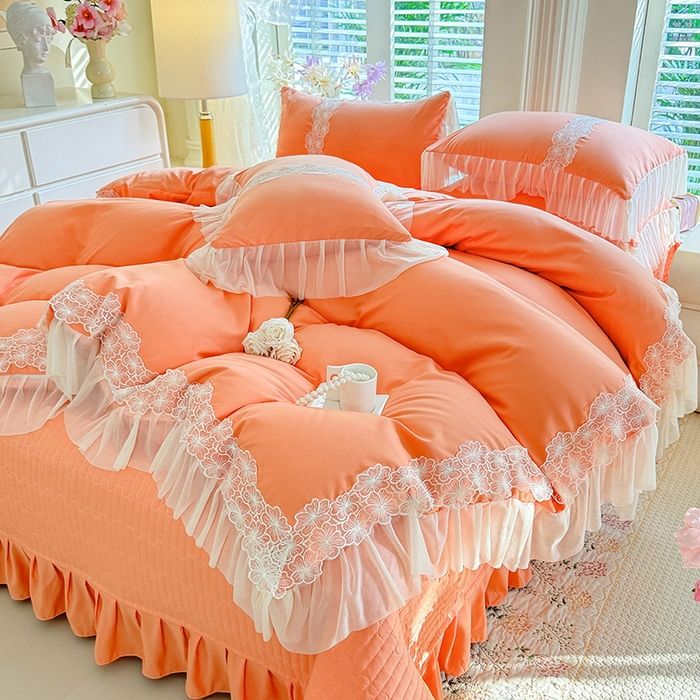 91家纺网 家纺一手货源 找家纺 唐人居 2026新款水洗棉花边床盖四件套-花影系列 花影-暖橘