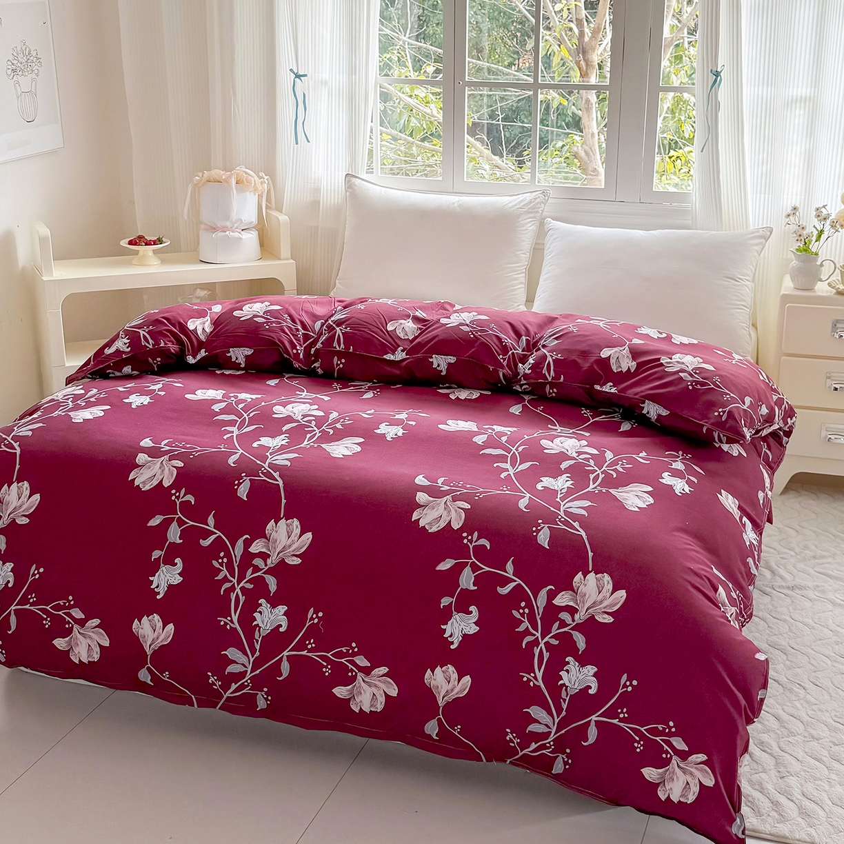 91家纺网 家纺一手货源 找家纺 梵巢家纺 芦荟棉被套，被罩化纤被套 酒红玉枝