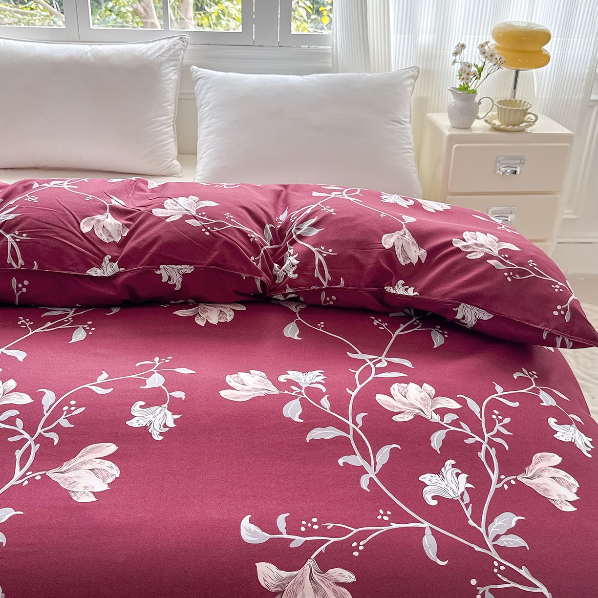 91家纺网 家纺一手货源 找家纺 梵巢家纺 芦荟棉被套，被罩化纤被套 酒红玉枝