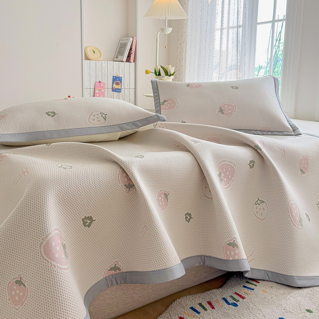 91家纺网 家纺一手货源 找家纺 （总）小萌虎 2026新款乙纶PE提花冰豆豆凉席卡通床席款