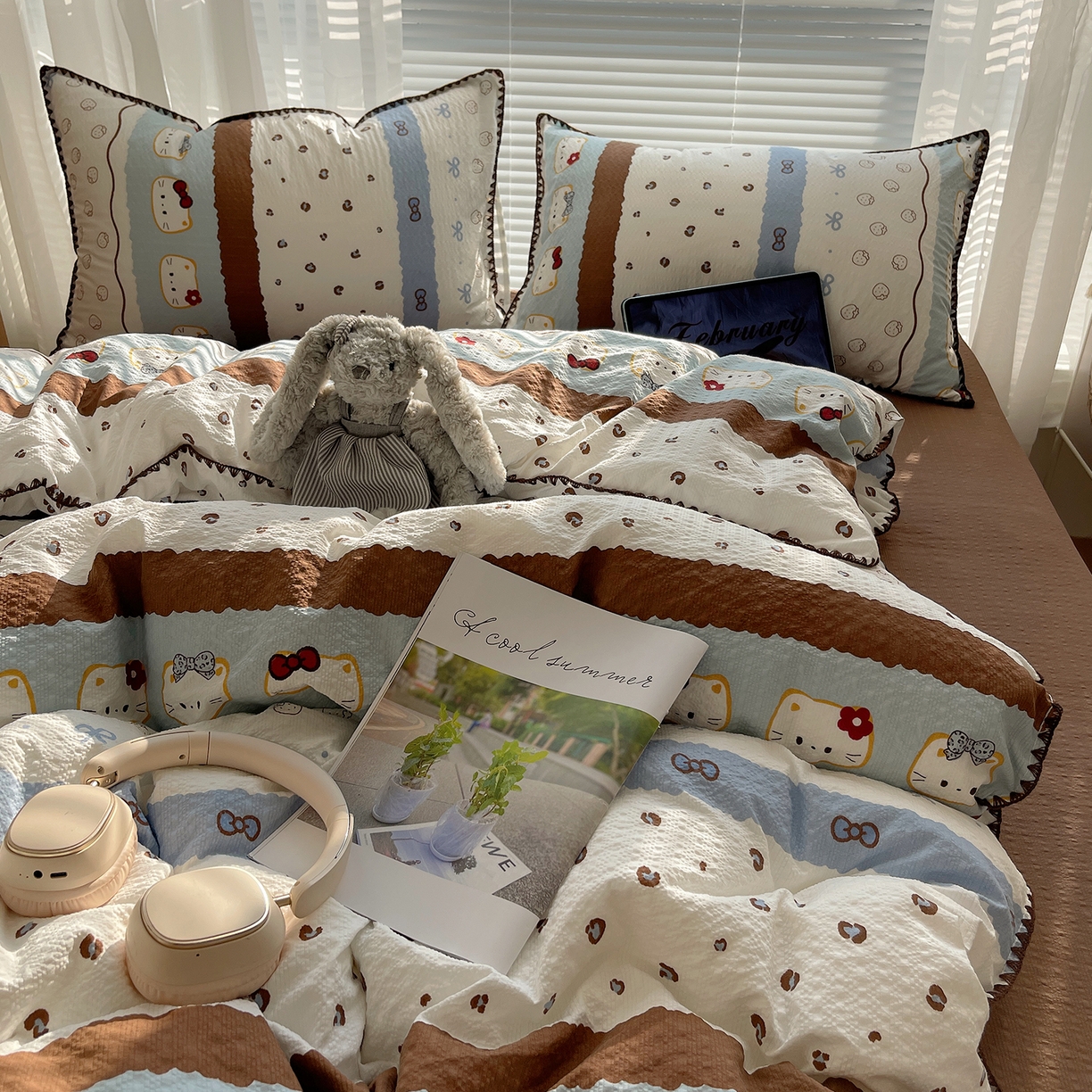 91家纺网 家纺一手货源 找家纺 （总）桃心家居 2026新款A类费尔岛可爱卡通贝壳边三角针工艺双层纱泡芙棉泡芙纱系列四件套