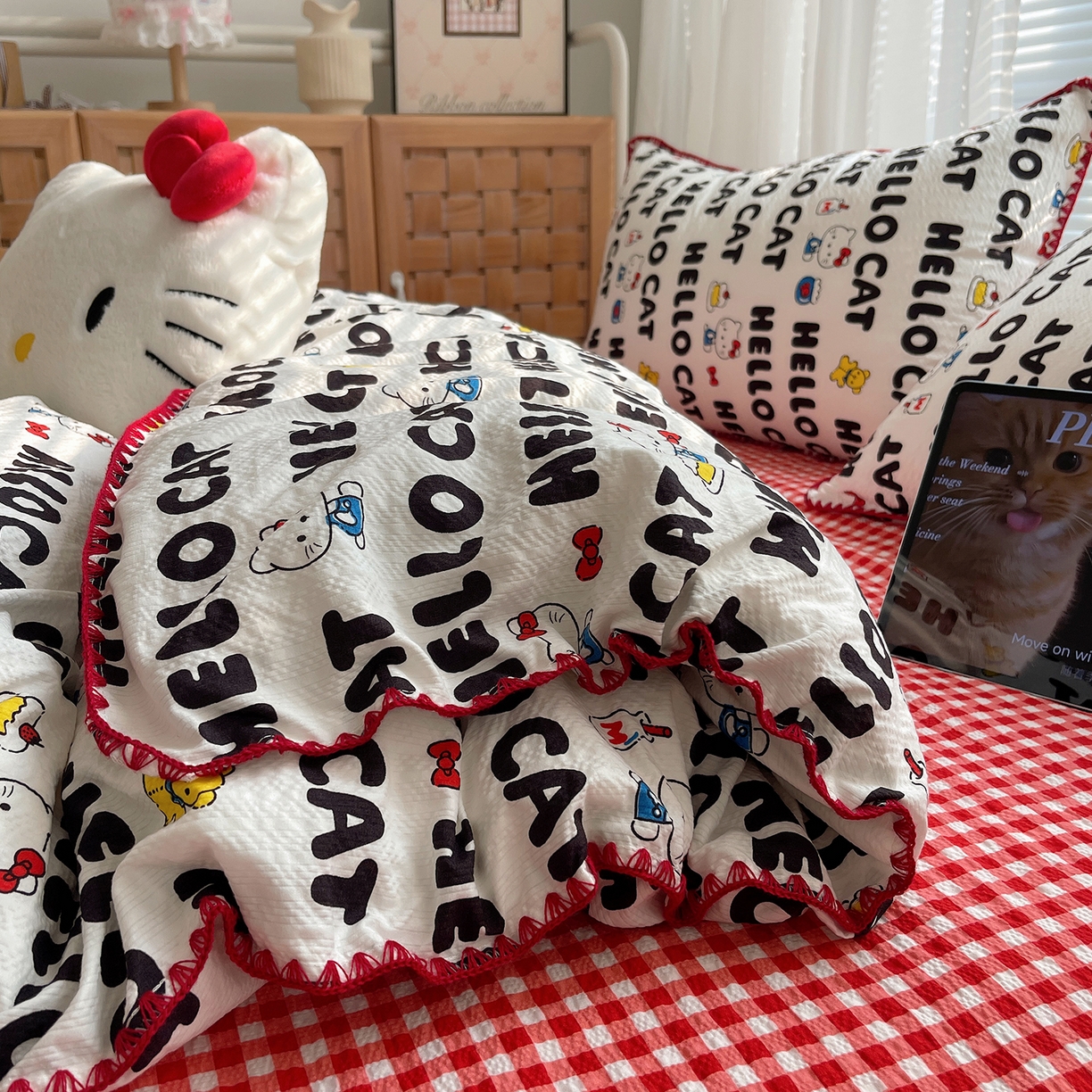 桃心家居 2026新款A类费尔岛可爱卡通贝壳边三角针工艺双层纱泡芙棉泡芙纱系列四件套 泡芙棉-奶油猫