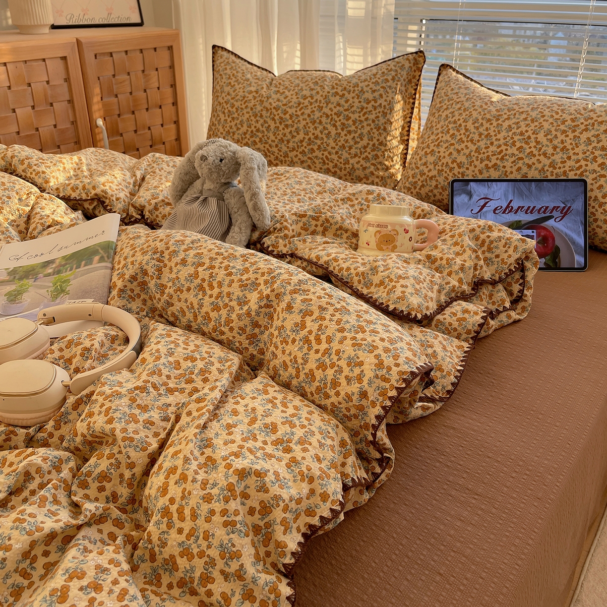 91家纺网 家纺一手货源 找家纺 桃心家居 2026新款A类费尔岛可爱卡通贝壳边三角针工艺双层纱泡芙棉泡芙纱系列四件套 泡芙棉-盛夏