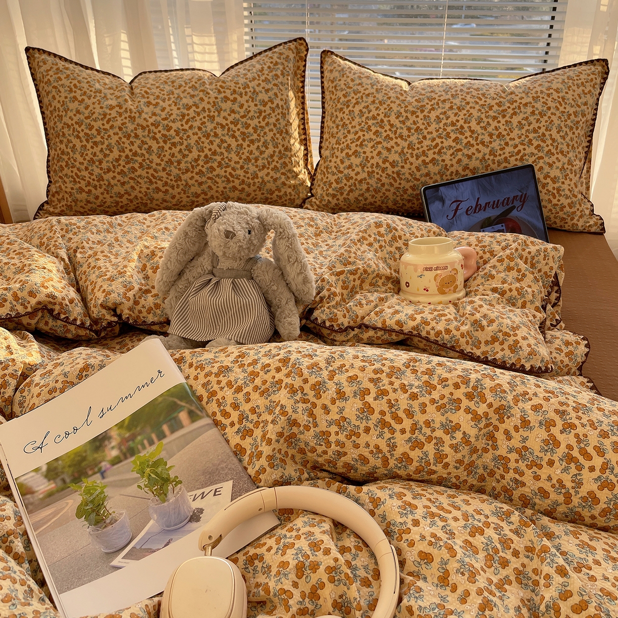 91家纺网 家纺一手货源 找家纺 桃心家居 2026新款A类费尔岛可爱卡通贝壳边三角针工艺双层纱泡芙棉泡芙纱系列四件套 泡芙棉-盛夏