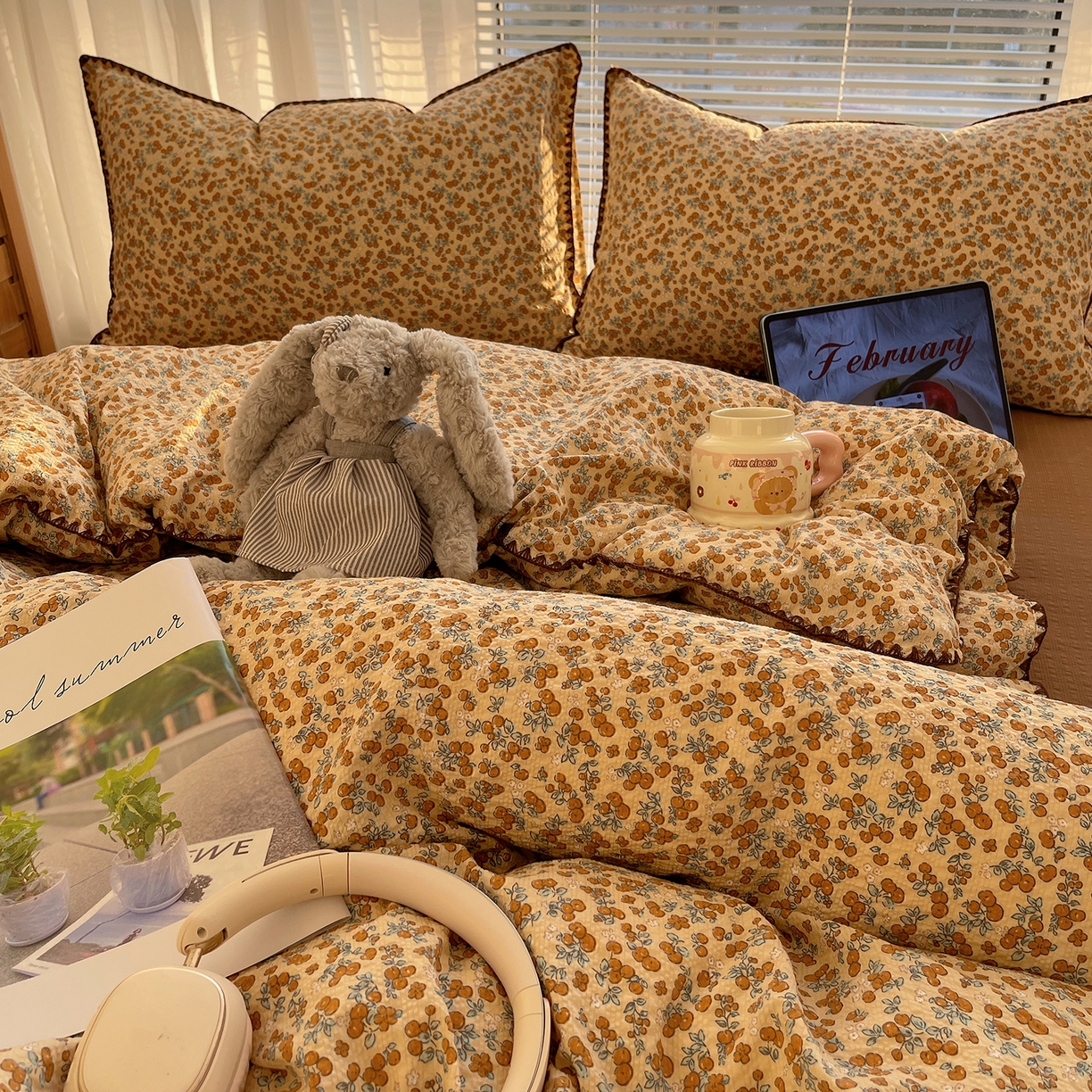 91家纺网 家纺一手货源 找家纺 桃心家居 2026新款A类费尔岛可爱卡通贝壳边三角针工艺双层纱泡芙棉泡芙纱系列四件套 泡芙棉-盛夏