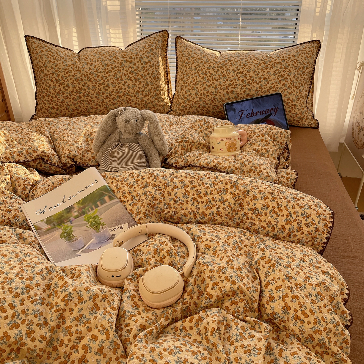 91家纺网 家纺一手货源 找家纺 桃心家居 2026新款A类费尔岛可爱卡通贝壳边三角针工艺双层纱泡芙棉泡芙纱系列四件套 泡芙棉-盛夏