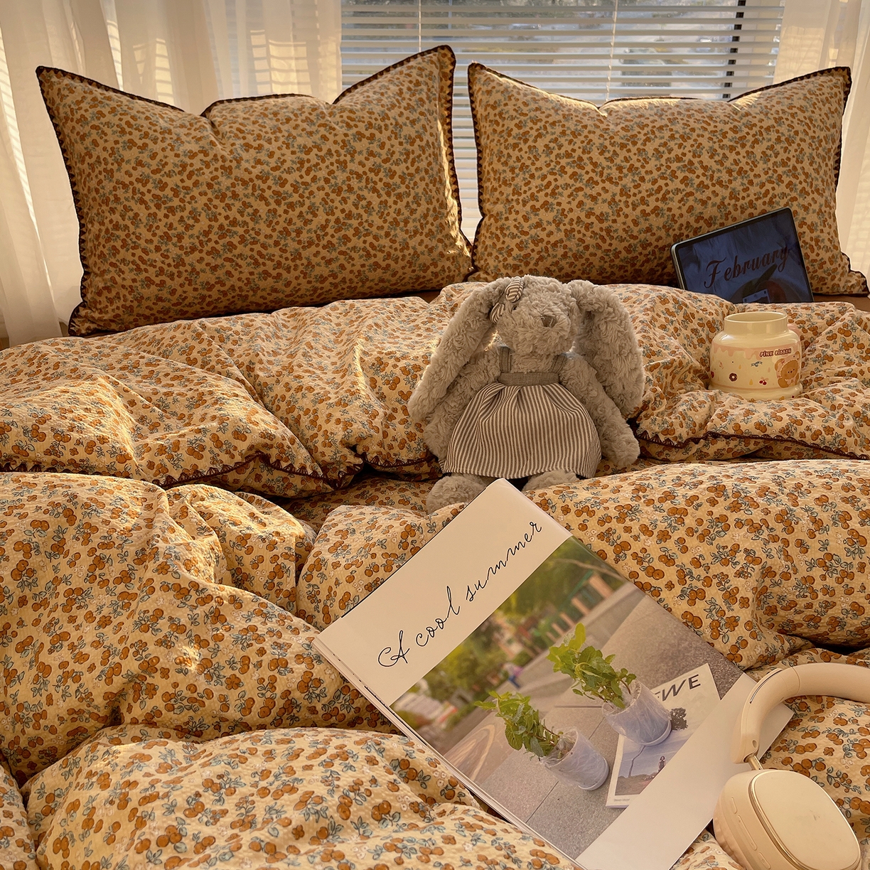 91家纺网 家纺一手货源 找家纺 桃心家居 2026新款A类费尔岛可爱卡通贝壳边三角针工艺双层纱泡芙棉泡芙纱系列四件套 泡芙棉-盛夏