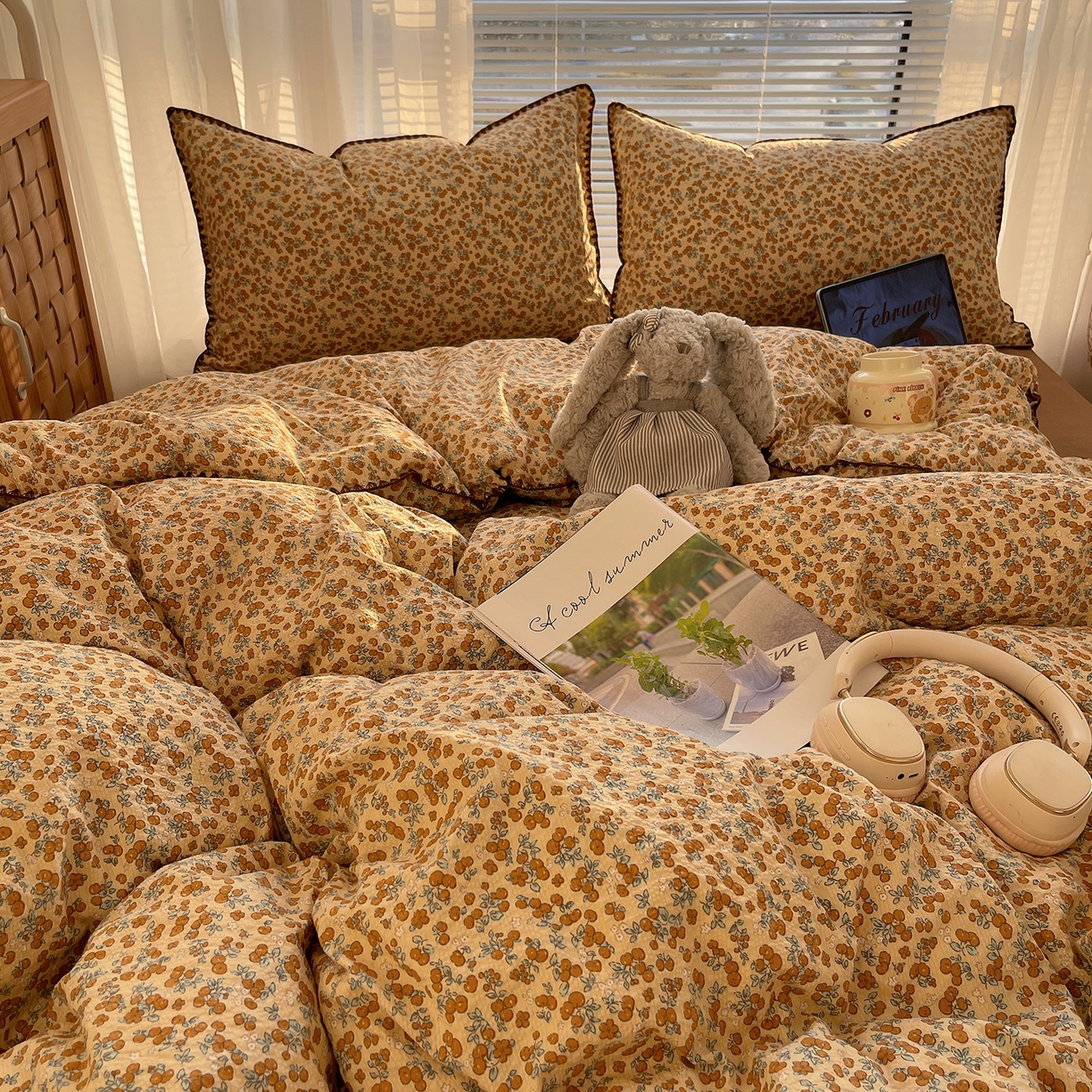 91家纺网 家纺一手货源 找家纺 桃心家居 2026新款A类费尔岛可爱卡通贝壳边三角针工艺双层纱泡芙棉泡芙纱系列四件套 泡芙棉-盛夏