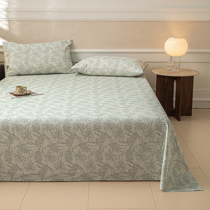 91家纺网 家纺一手货源 找家纺 爱彼家纺 2026新款纯棉提花A类新款老粗布夏季凉席单床单床单三件套-提花系列一 全棉提花-s026椰叶浅青