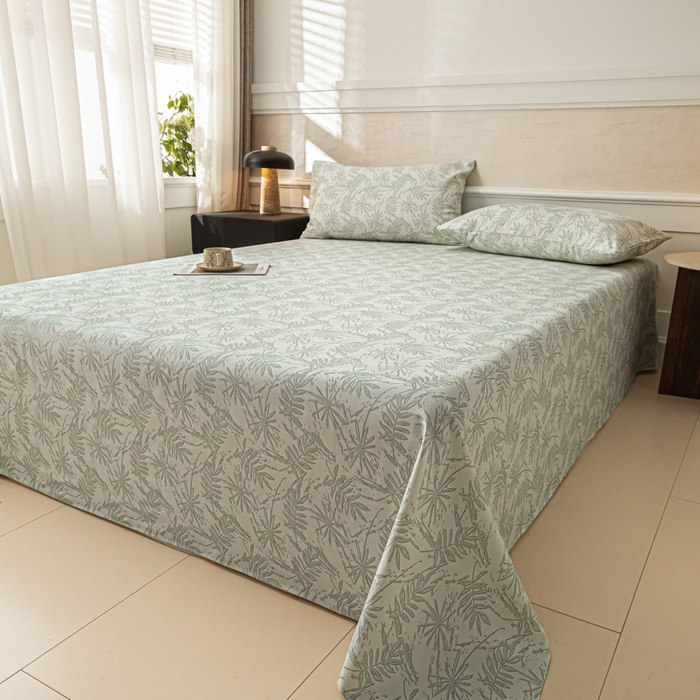 91家纺网 家纺一手货源 找家纺 爱彼家纺 2026新款纯棉提花A类新款老粗布夏季凉席单床单床单三件套-提花系列一 全棉提花-s026椰叶浅青
