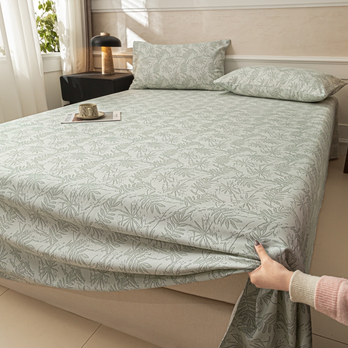 91家纺网 家纺一手货源 找家纺 爱彼家纺 2026新款纯棉提花A类新款老粗布夏季凉席单床单床单三件套-提花系列一 全棉提花-s026椰叶浅青