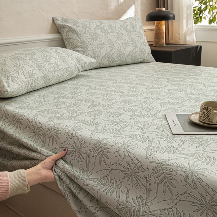 91家纺网 家纺一手货源 找家纺 爱彼家纺 2026新款纯棉提花A类新款老粗布夏季凉席单床单床单三件套-提花系列一 全棉提花-s026椰叶浅青