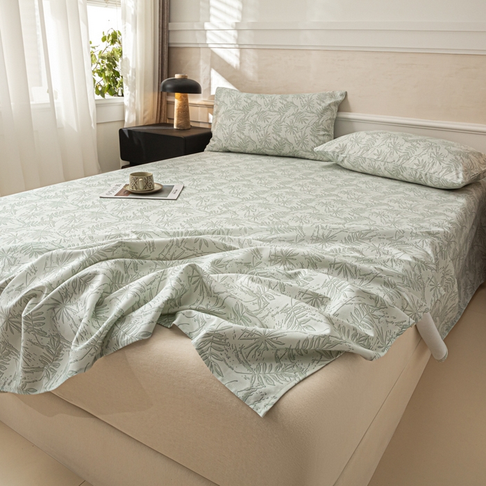 91家纺网 家纺一手货源 找家纺 爱彼家纺 2026新款纯棉提花A类新款老粗布夏季凉席单床单床单三件套-提花系列一 全棉提花-s026椰叶浅青