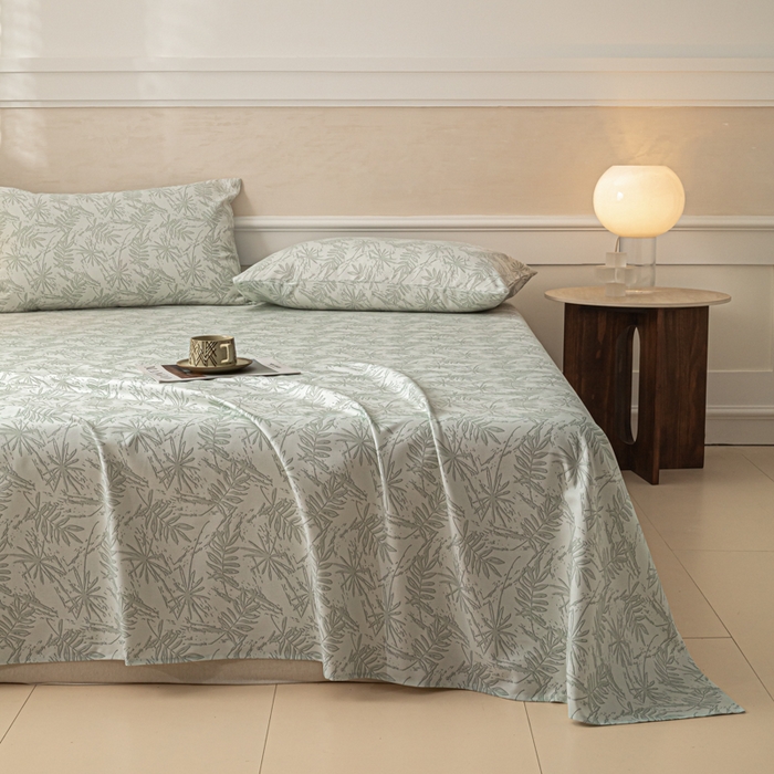 91家纺网 家纺一手货源 找家纺 爱彼家纺 2026新款纯棉提花A类新款老粗布夏季凉席单床单床单三件套-提花系列一 全棉提花-s026椰叶浅青