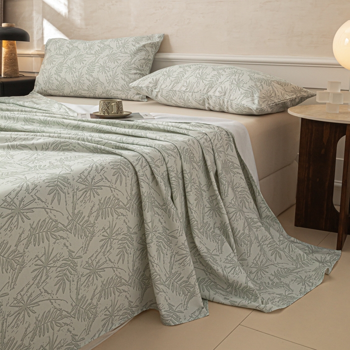 91家纺网 家纺一手货源 找家纺 爱彼家纺 2026新款纯棉提花A类新款老粗布夏季凉席单床单床单三件套-提花系列一 全棉提花-s026椰叶浅青