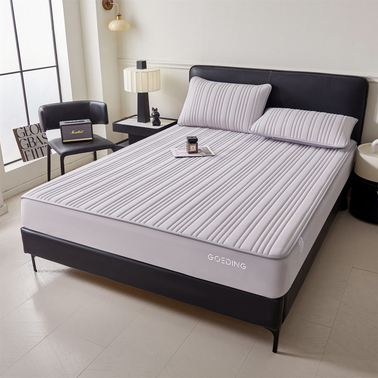 91家纺网 家纺一手货源 找家纺 雯豆家纺 2026春夏新品氨纶凉感床笠夹棉款床笠三件套床垫保护套 知夏-浅灰