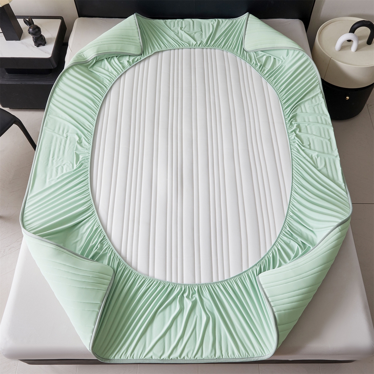 91家纺网 家纺一手货源 找家纺 雯豆家纺 2026春夏新品氨纶凉感床笠夹棉款床笠三件套床垫保护套 知夏-青草绿