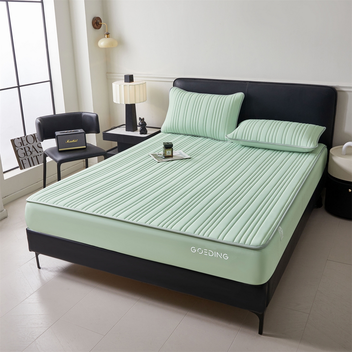 91家纺网 家纺一手货源 找家纺 雯豆家纺 2026春夏新品氨纶凉感床笠夹棉款床笠三件套床垫保护套 知夏-青草绿