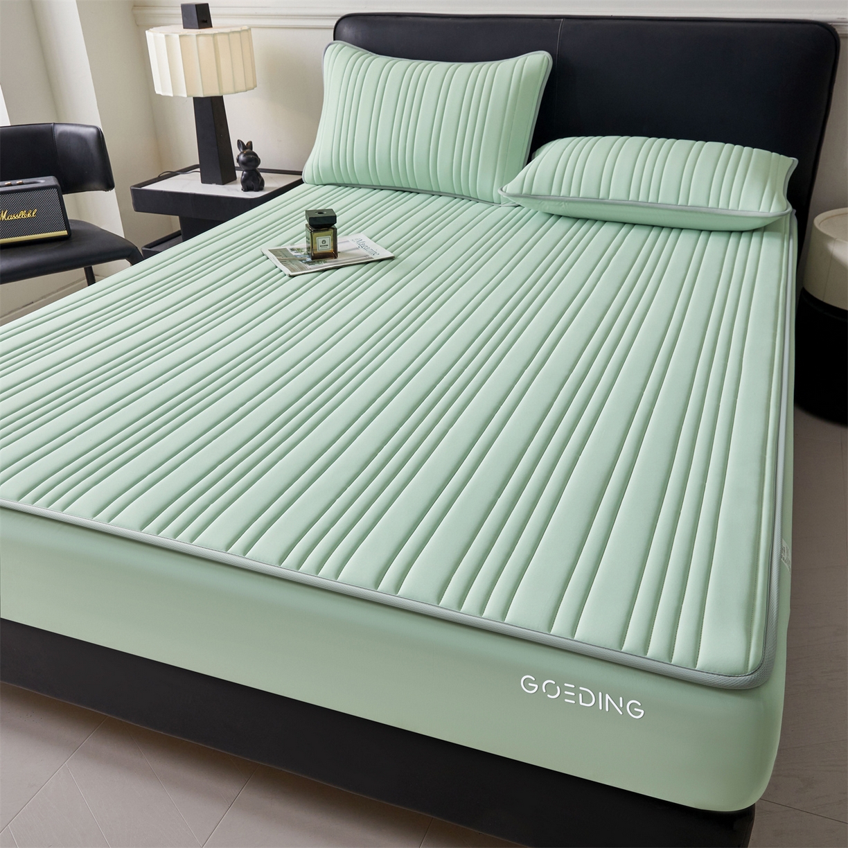 91家纺网 家纺一手货源 找家纺 雯豆家纺 2026春夏新品氨纶凉感床笠夹棉款床笠三件套床垫保护套 知夏-青草绿