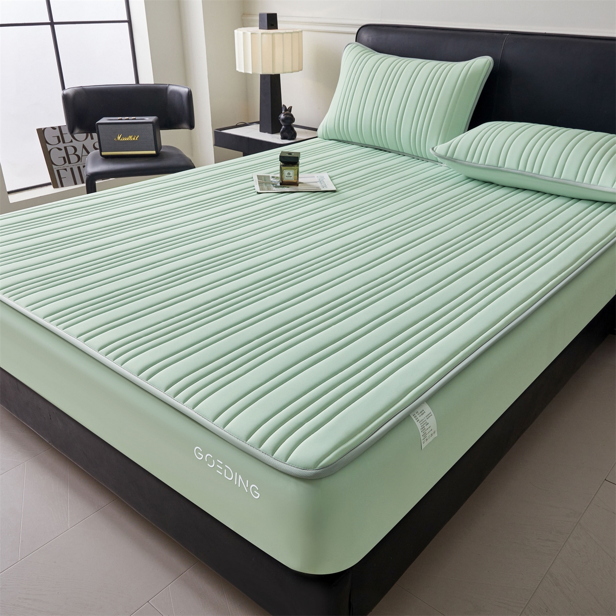 91家纺网 家纺一手货源 找家纺 雯豆家纺 2026春夏新品氨纶凉感床笠夹棉款床笠三件套床垫保护套 知夏-青草绿