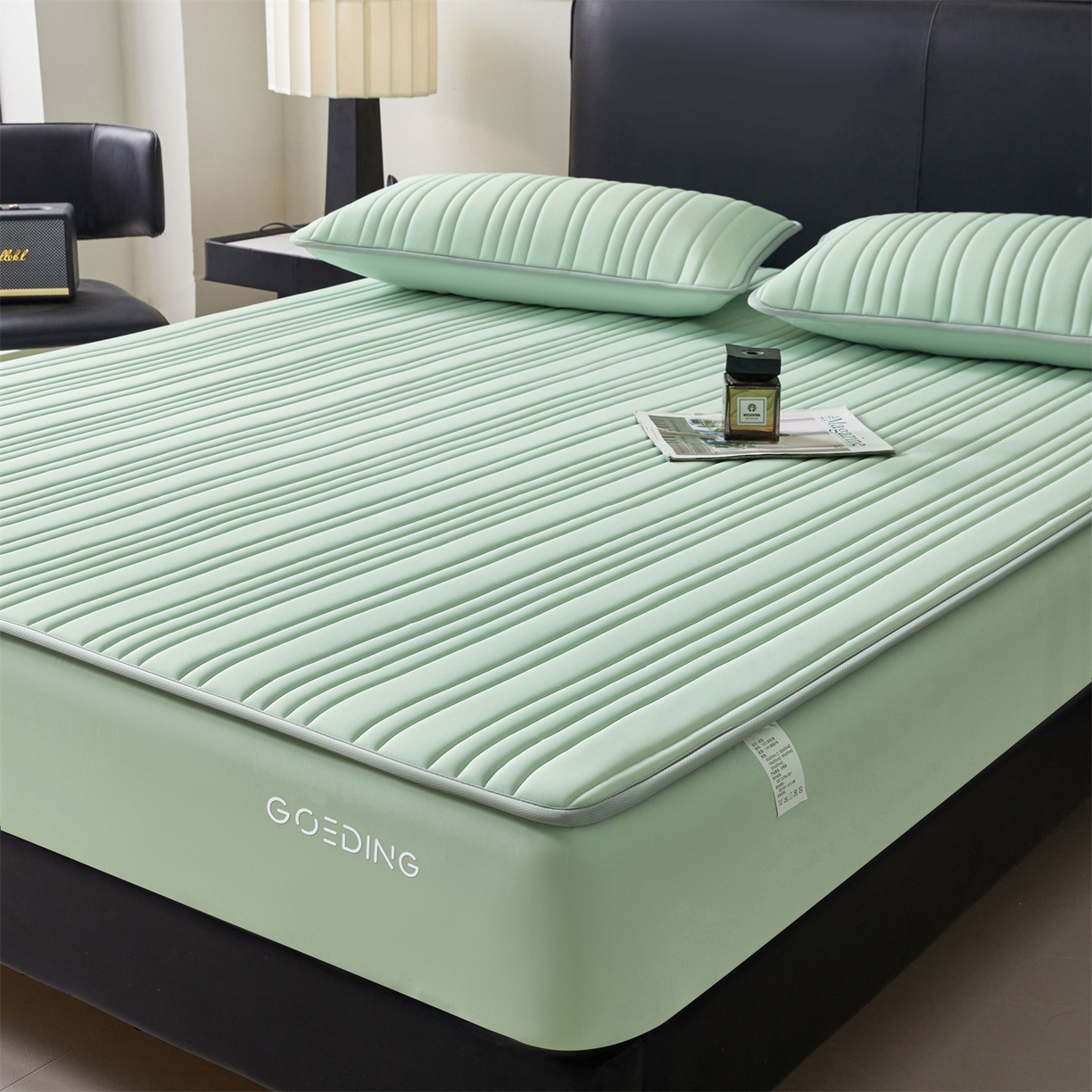 91家纺网 家纺一手货源 找家纺 雯豆家纺 2026春夏新品氨纶凉感床笠夹棉款床笠三件套床垫保护套 知夏-青草绿