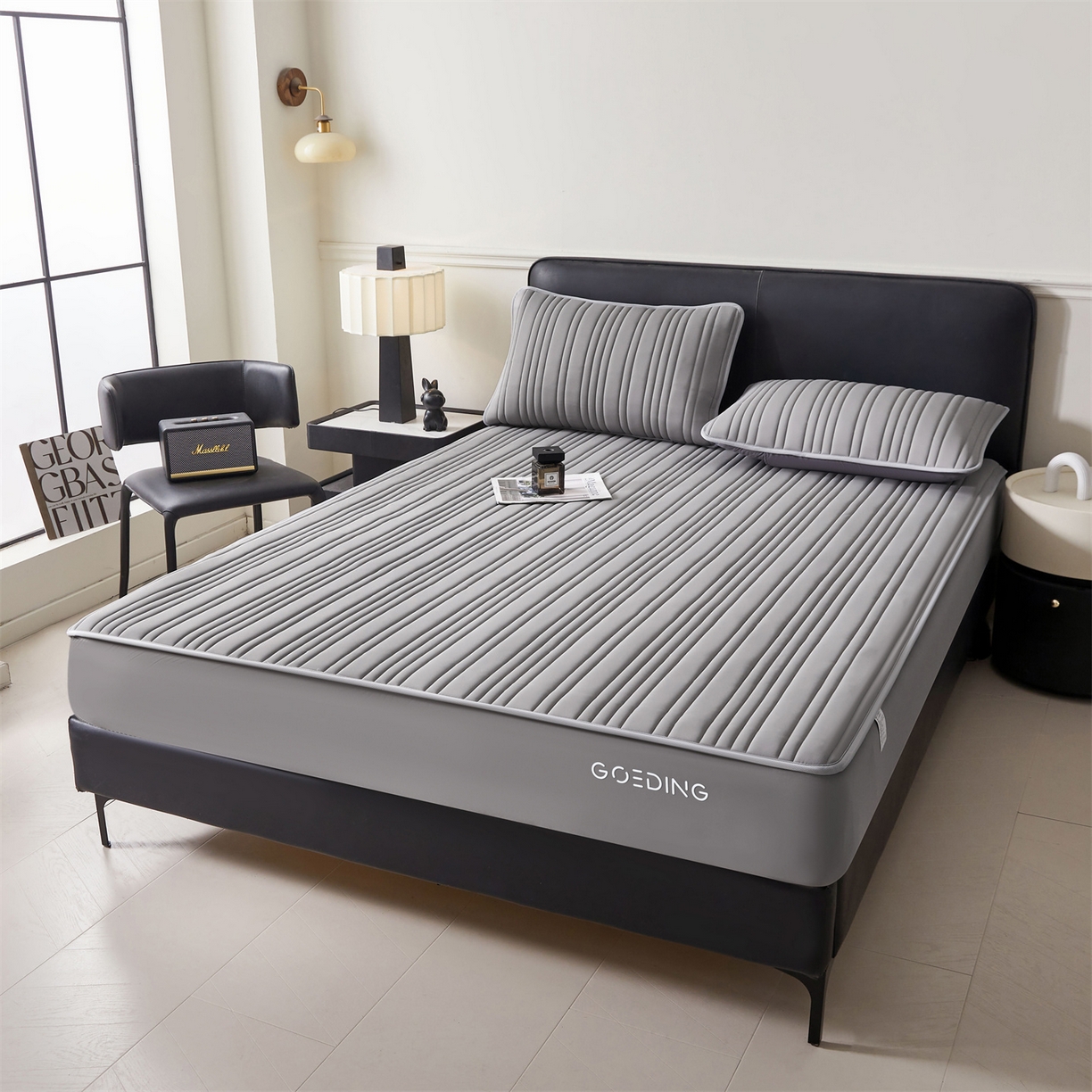 91家纺网 家纺一手货源 找家纺 雯豆家纺 2026春夏新品氨纶凉感床笠夹棉款床笠三件套床垫保护套 知夏-深灰