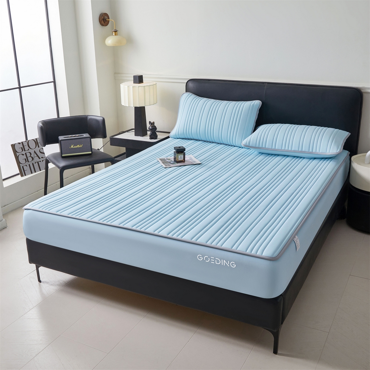 91家纺网 家纺一手货源 找家纺 雯豆家纺 2026春夏新品氨纶凉感床笠夹棉款床笠三件套床垫保护套 知夏-水蓝