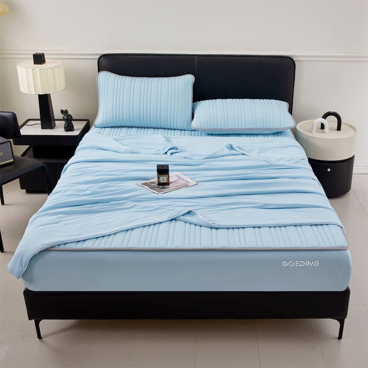 91家纺网 家纺一手货源 找家纺 雯豆家纺 2026春夏新品氨纶凉感床笠夹棉款床笠三件套床垫保护套 知夏-水蓝