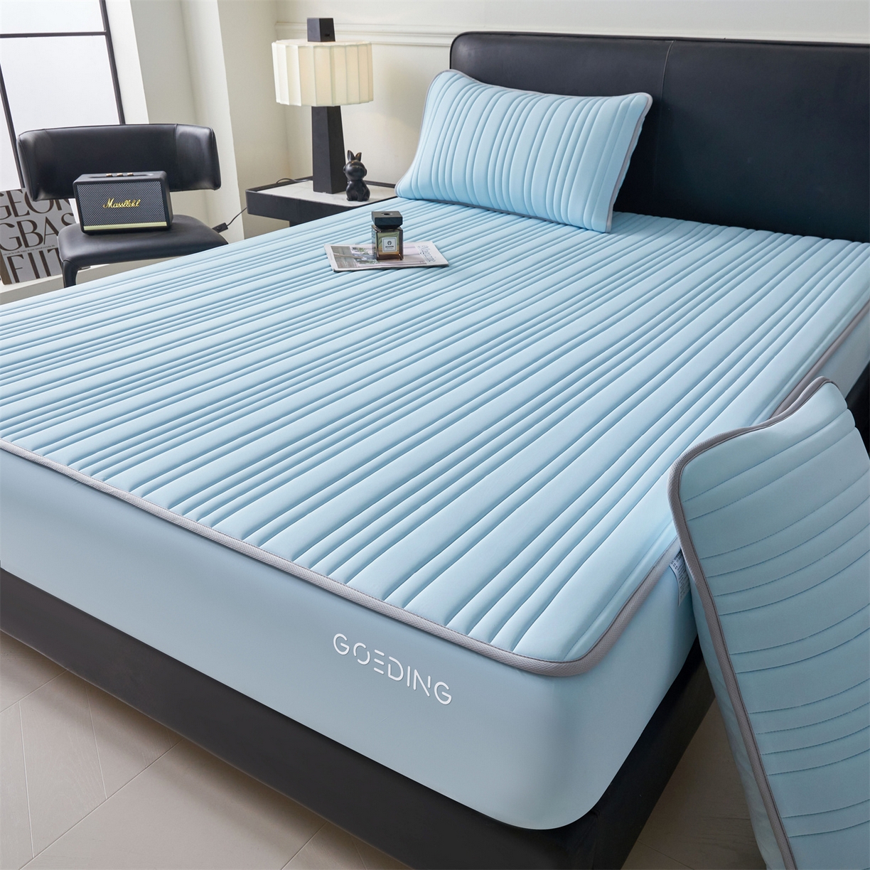 91家纺网 家纺一手货源 找家纺 雯豆家纺 2026春夏新品氨纶凉感床笠夹棉款床笠三件套床垫保护套 知夏-水蓝