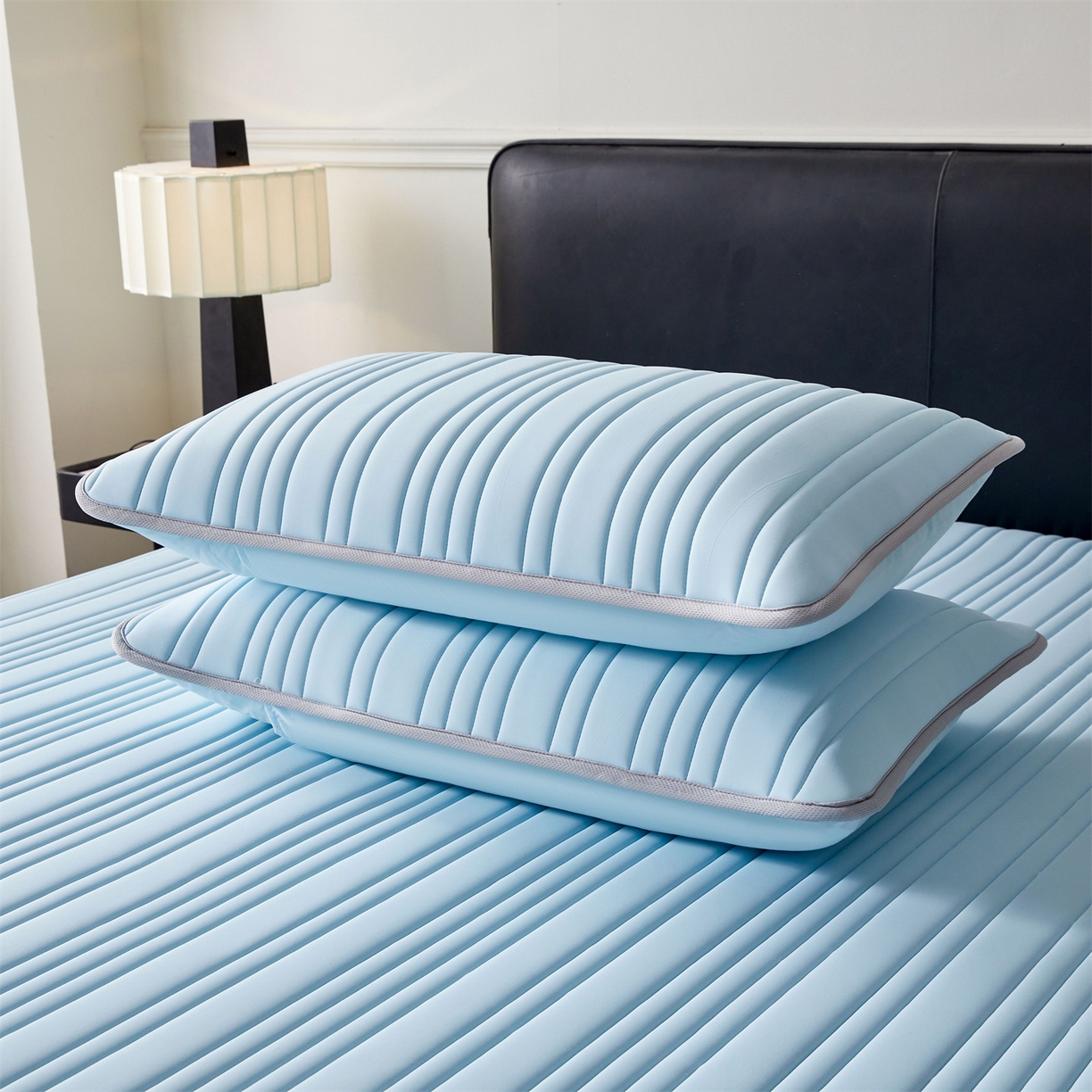 91家纺网 家纺一手货源 找家纺 雯豆家纺 2026春夏新品氨纶凉感床笠夹棉款床笠三件套床垫保护套 知夏-水蓝