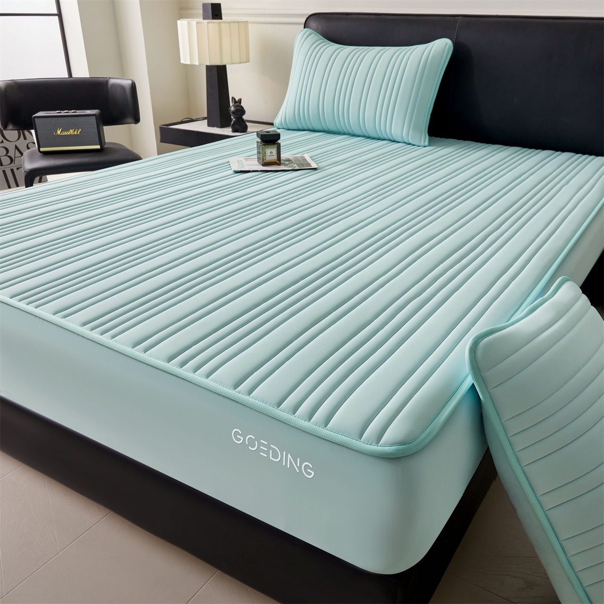 91家纺网 家纺一手货源 找家纺 雯豆家纺 2026春夏新品氨纶凉感床笠夹棉款床笠三件套床垫保护套 知夏-水绿