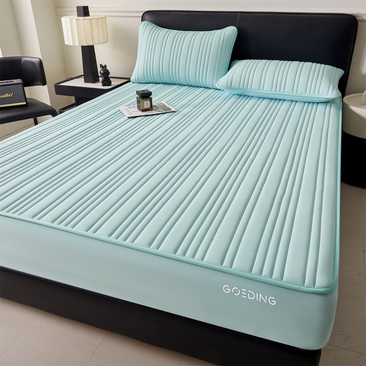 91家纺网 家纺一手货源 找家纺 雯豆家纺 2026春夏新品氨纶凉感床笠夹棉款床笠三件套床垫保护套 知夏-水绿