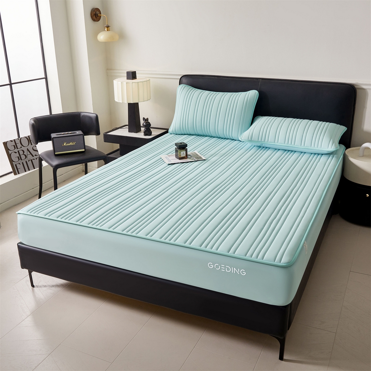 91家纺网 家纺一手货源 找家纺 雯豆家纺 2026春夏新品氨纶凉感床笠夹棉款床笠三件套床垫保护套 知夏-水绿