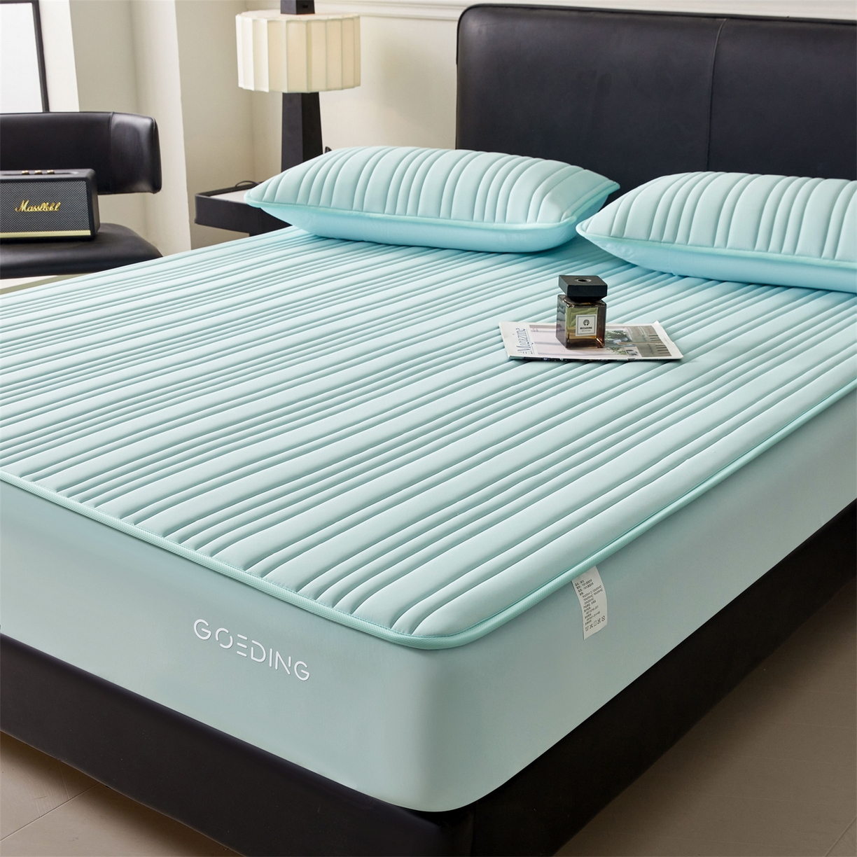 91家纺网 家纺一手货源 找家纺 雯豆家纺 2026春夏新品氨纶凉感床笠夹棉款床笠三件套床垫保护套 知夏-水绿