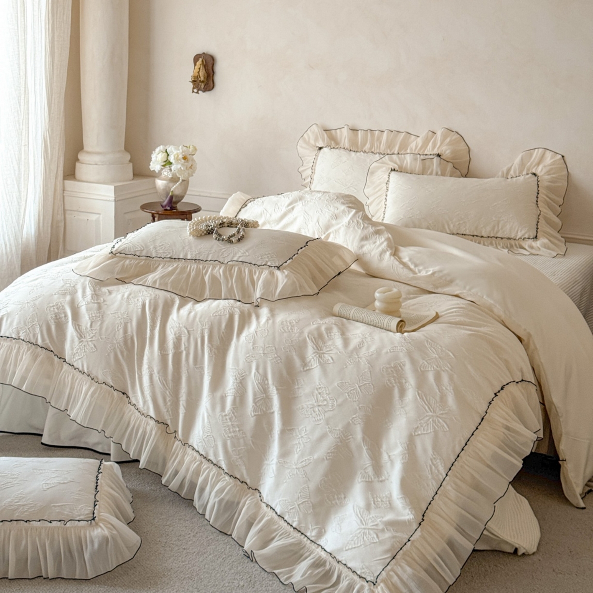 91家纺网 家纺一手货源 找家纺 迪梦姿家纺 2026春夏新款梦蝶真丝提花床盖四件套 梦蝶-奶白色