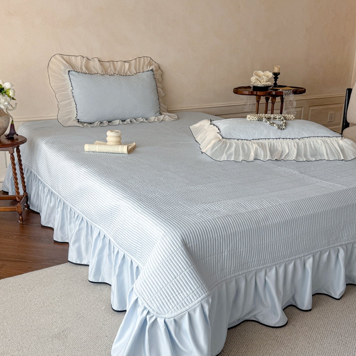 91家纺网 家纺一手货源 找家纺 迪梦姿家纺 2026春夏新款梦蝶真丝提花床盖四件套 梦蝶-天空兰