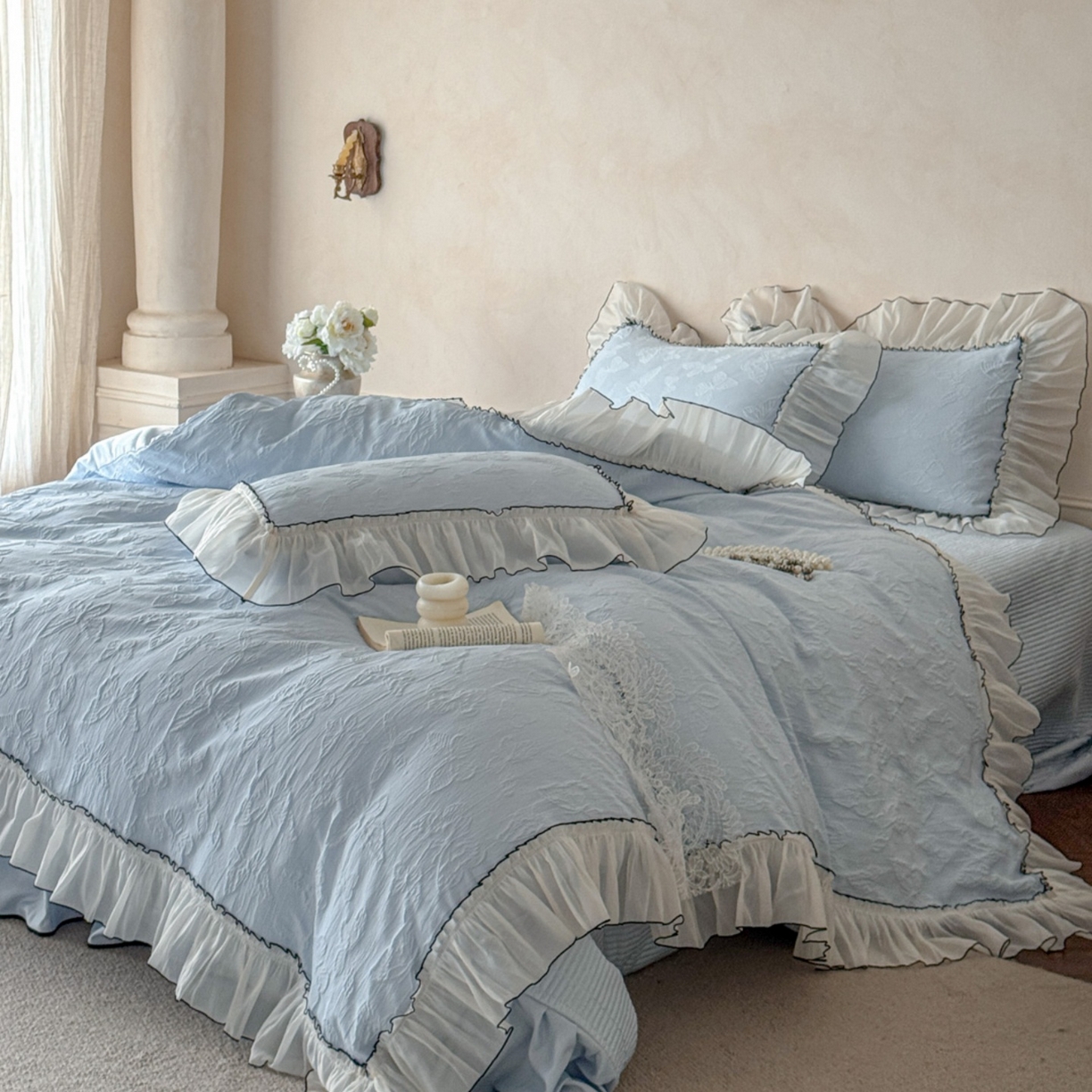 91家纺网 家纺一手货源 找家纺 迪梦姿家纺 2026春夏新款梦蝶真丝提花床盖四件套 梦蝶-天空兰