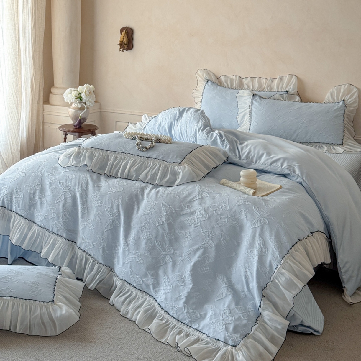 91家纺网 家纺一手货源 找家纺 迪梦姿家纺 2026春夏新款梦蝶真丝提花床盖四件套 梦蝶-天空兰