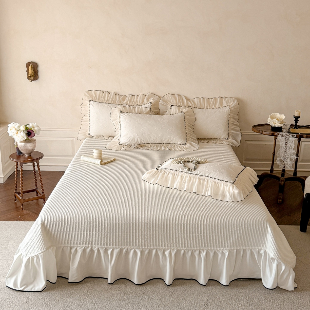 91家纺网 家纺一手货源 找家纺 迪梦姿家纺 2026春夏新款梦蝶真丝提花床盖四件套 梦蝶-奶白色