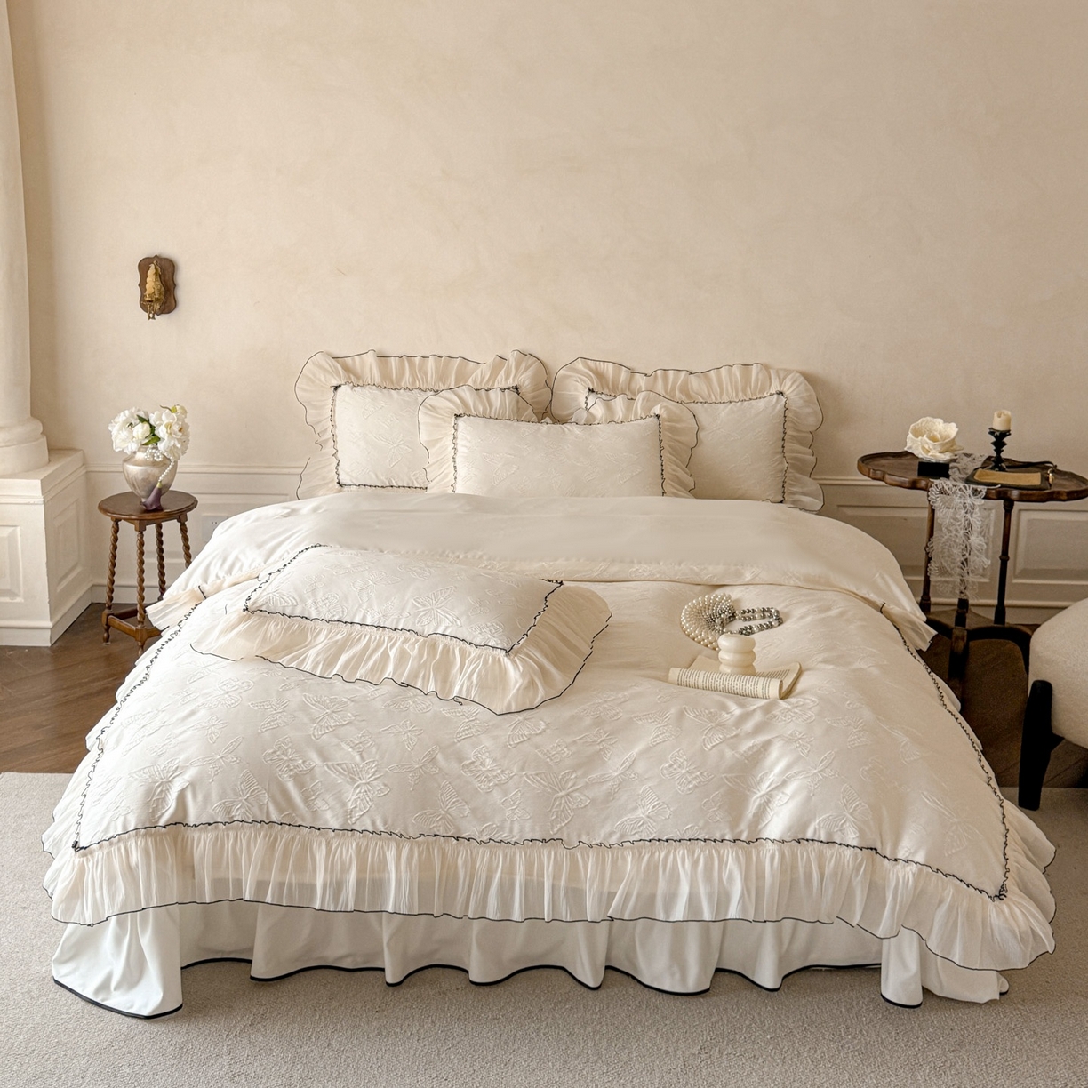 91家纺网 家纺一手货源 找家纺 迪梦姿家纺 2026春夏新款梦蝶真丝提花床盖四件套 梦蝶-奶白色