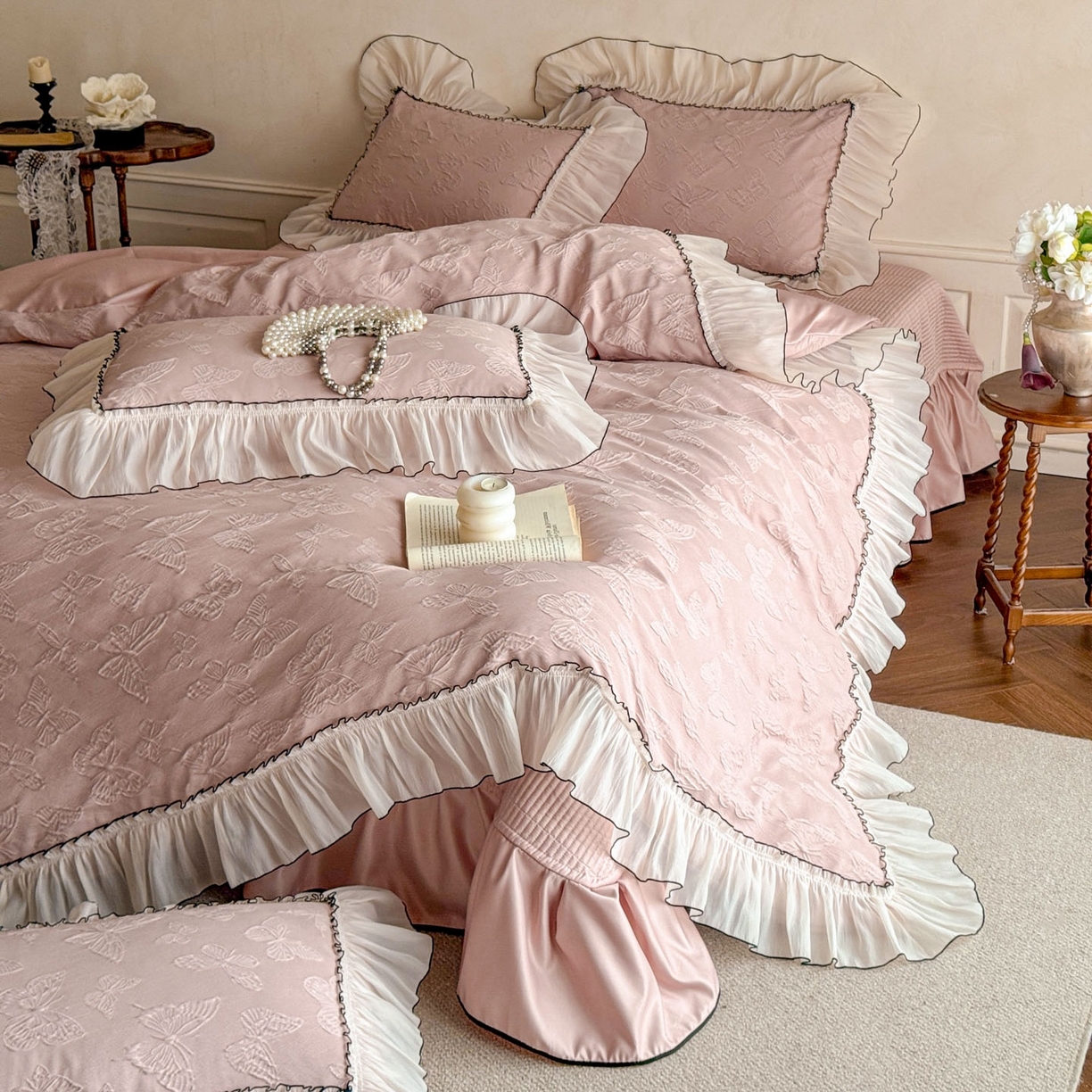 迪梦姿家纺 2026春夏新款梦蝶真丝提花床盖四件套 梦蝶-浅豆沙