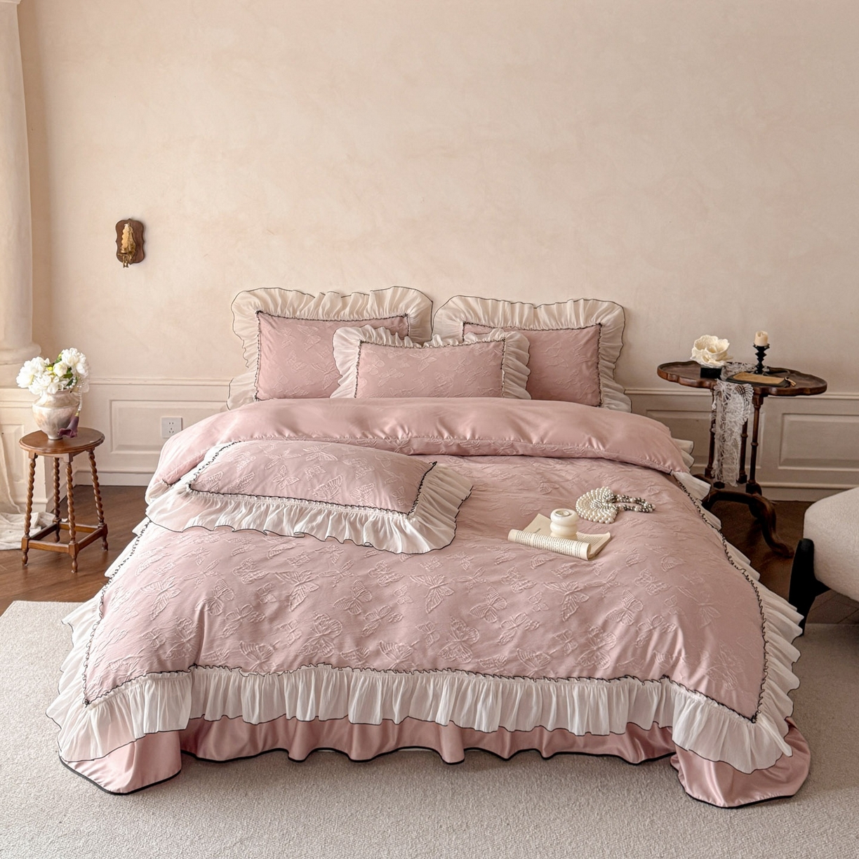 91家纺网 家纺一手货源 找家纺 迪梦姿家纺 2026春夏新款梦蝶真丝提花床盖四件套 梦蝶-浅豆沙