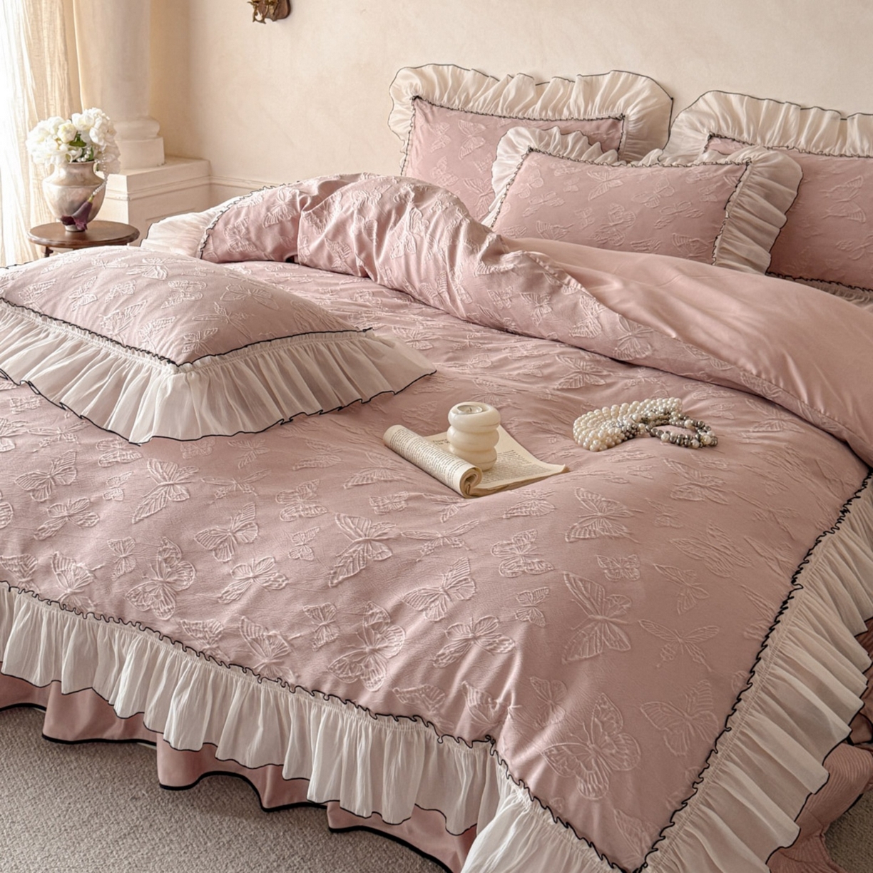 91家纺网 家纺一手货源 找家纺 迪梦姿家纺 2026春夏新款梦蝶真丝提花床盖四件套 梦蝶-浅豆沙