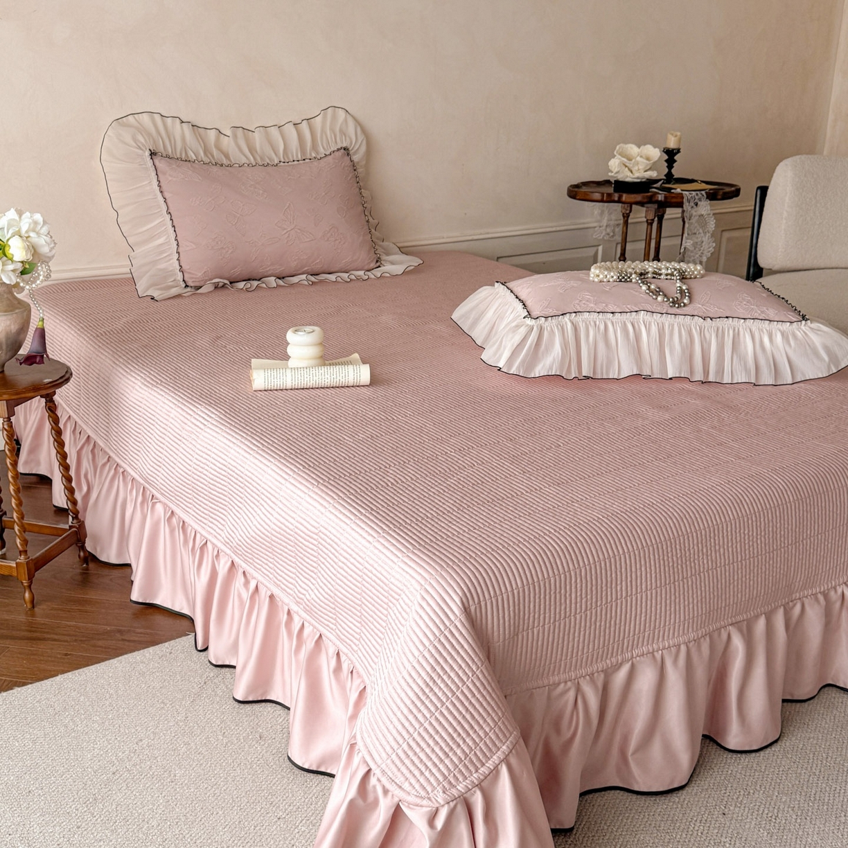 91家纺网 家纺一手货源 找家纺 迪梦姿家纺 2026春夏新款梦蝶真丝提花床盖四件套 梦蝶-浅豆沙