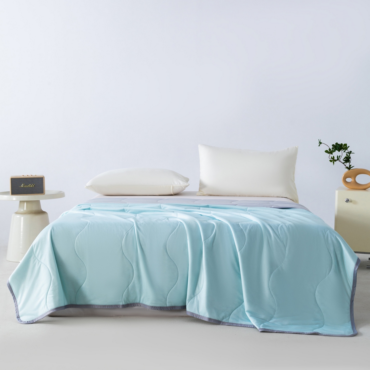 91家纺网 家纺一手货源 找家纺 畅销被业 2026新款凉感丝夏凉被夏被-大波浪 波浪格-浅绿