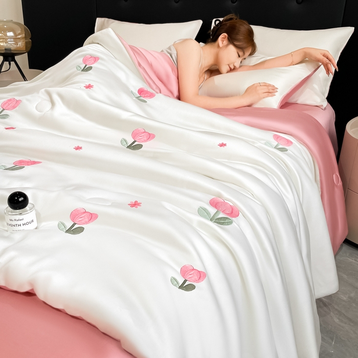 席佬大 2026新款水洗冰丝夏被 夏被四件套 郁金香—奶白粉