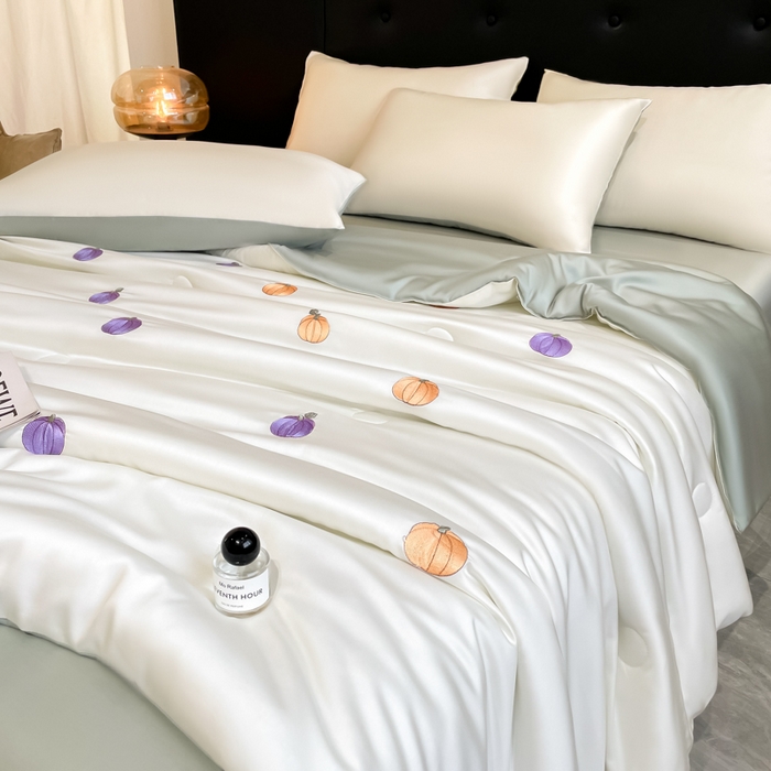 91家纺网 家纺一手货源 找家纺 席佬大 2026新款水洗冰丝夏被 夏被四件套 南瓜—奶白绿